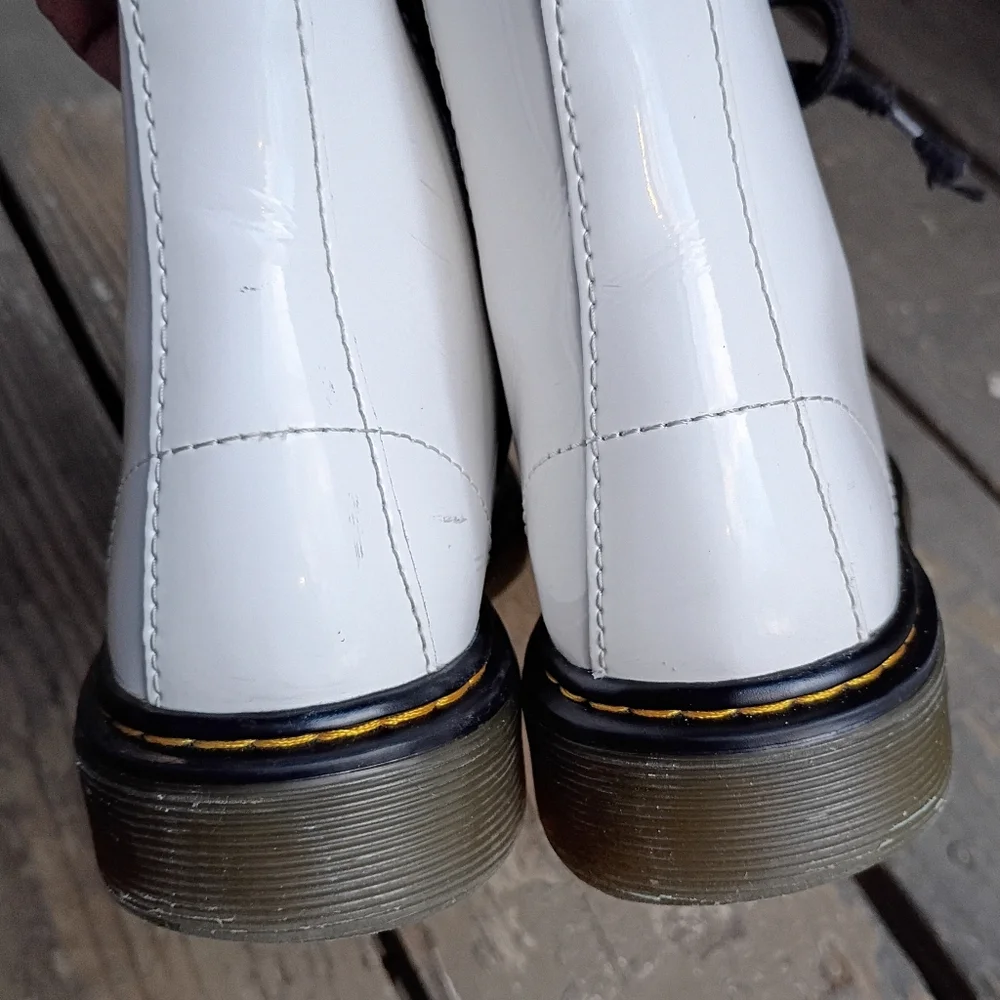 Dr. Martens White Lace-Up Zip Combat Boots Patent Leather Yellow Stitch Girls 1